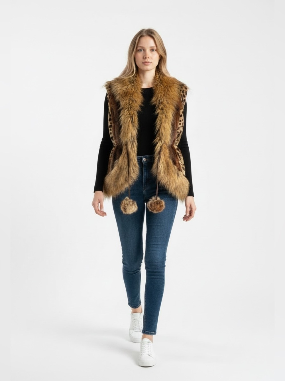 VITRIN Design Faux Fur Leopard Striped Vest with Pom-Poms | 70s Boho